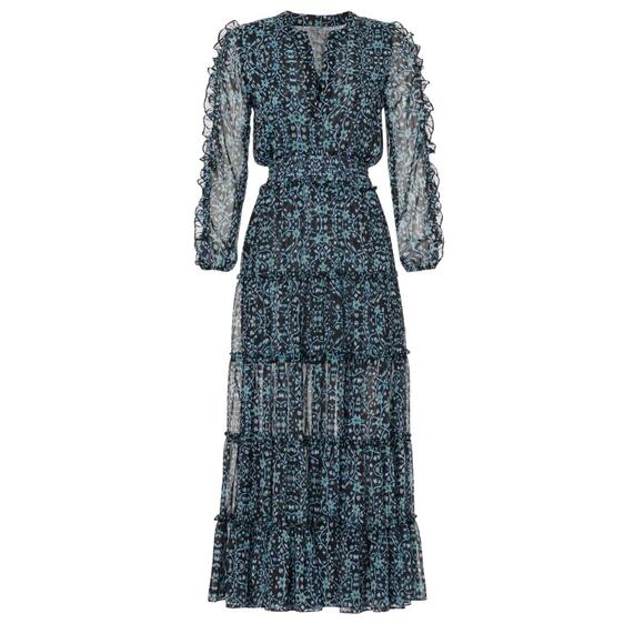 Misa Blue Tiered Ruffle Maxi Dress LARGE Chiffon Cottage Western Designer $485 - Picture 5 of 9